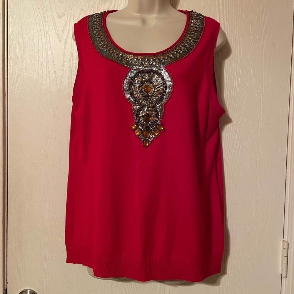 Joseph A. QU'EST-CEQUEC-EST Silk? Women’s Sz XL Red Stretch Beaded Tank Top